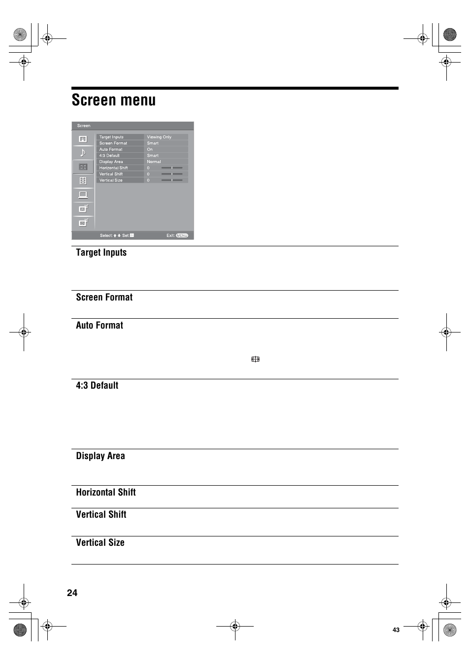 Screen menu, Target inputs, Screen format | Auto format, 3 default, Display area, Horizontal shift, Vertical shift, Vertical size | Sony KDL-40S2510 User Manual | Page 24 / 131