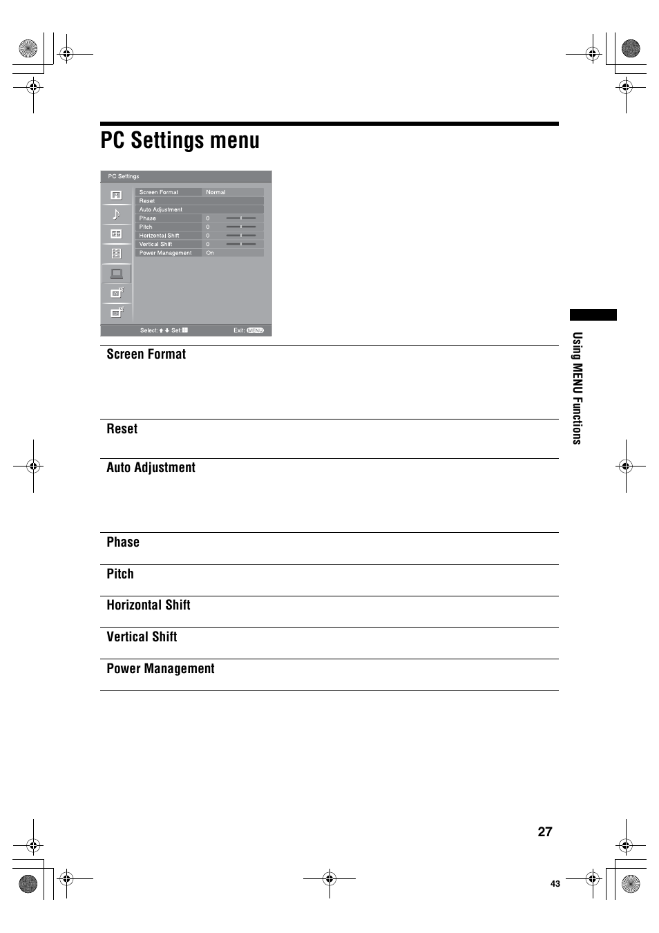 Pc settings menu | Sony KDL-40S2510 User Manual | Page 27 / 131