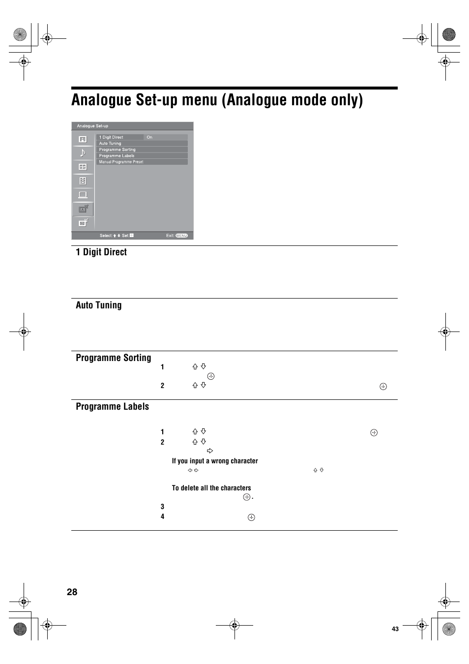Analogue set-up menu (analogue mode only), 1 digit direct, Auto tuning | Programme sorting, Programme labels | Sony KDL-40S2510 User Manual | Page 28 / 131