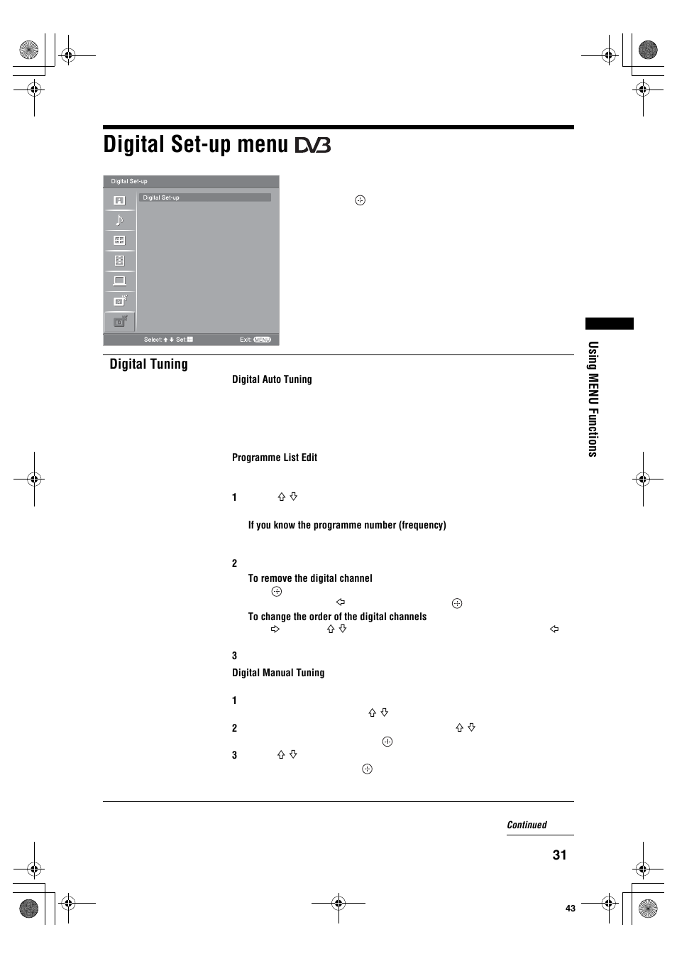 Digital set-up menu, Digital tuning | Sony KDL-40S2510 User Manual | Page 31 / 131