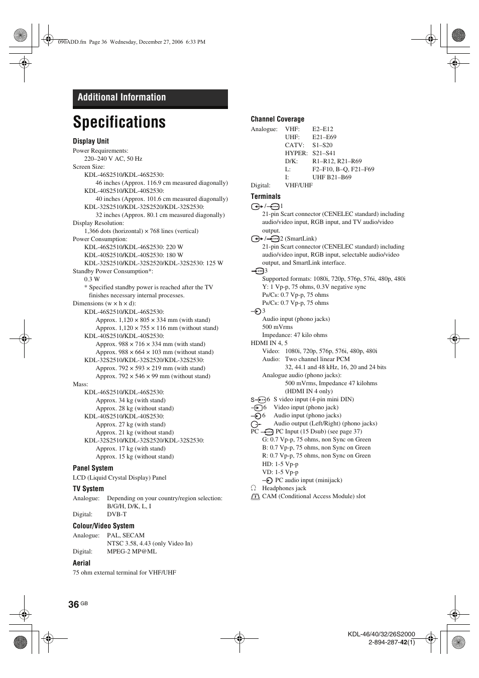 Specifications, Additional information | Sony KDL-40S2510 User Manual | Page 36 / 131