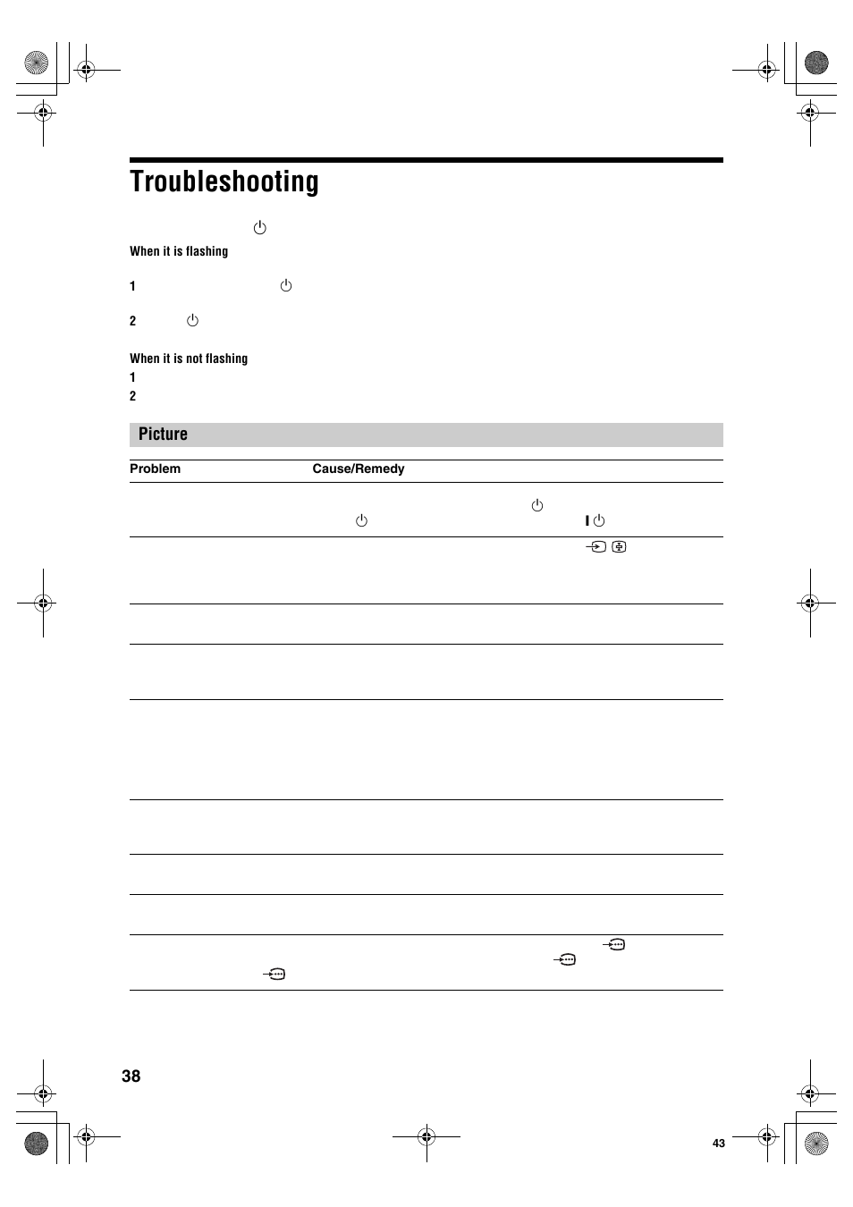 Troubleshooting, Picture | Sony KDL-40S2510 User Manual | Page 38 / 131