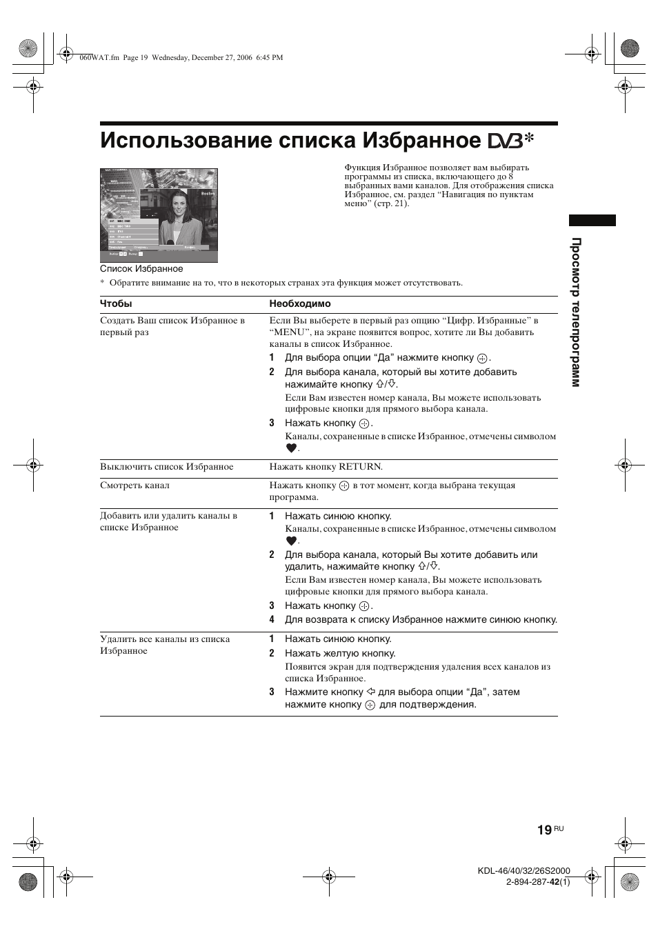 Использование списка избранное | Sony KDL-40S2510 User Manual | Page 59 / 131
