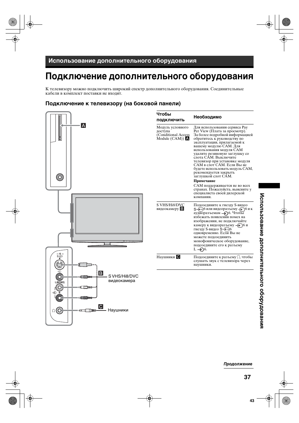 Подключение дополнительного оборудования, Использование дополнительного оборудования, Подключение к телевизору (на боковой панели) | Sony KDL-40S2510 User Manual | Page 77 / 131