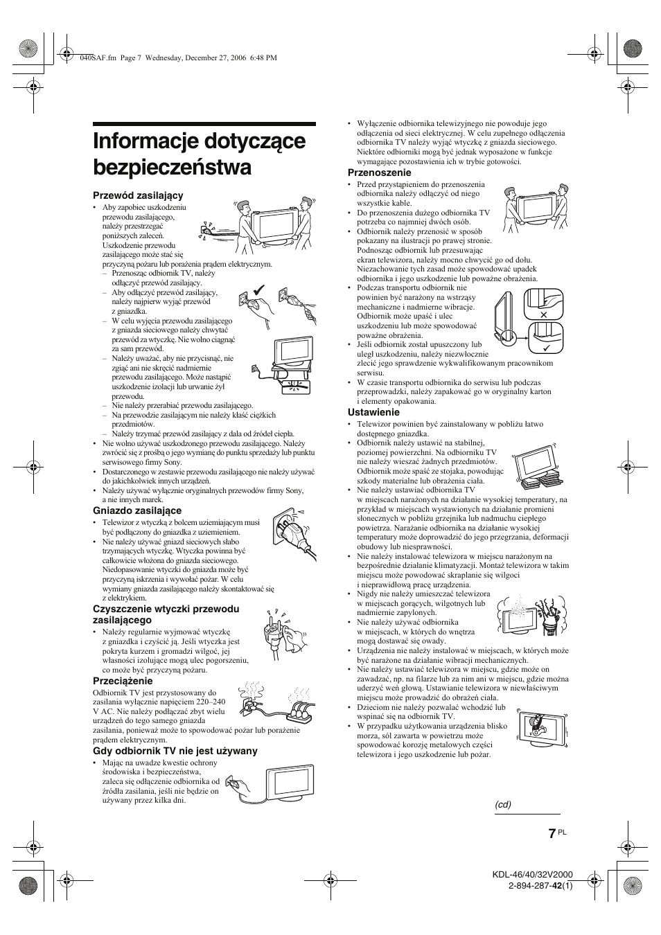 Informacje dotyczące bezpieczeństwa | Sony KDL-40S2510 User Manual | Page 93 / 131