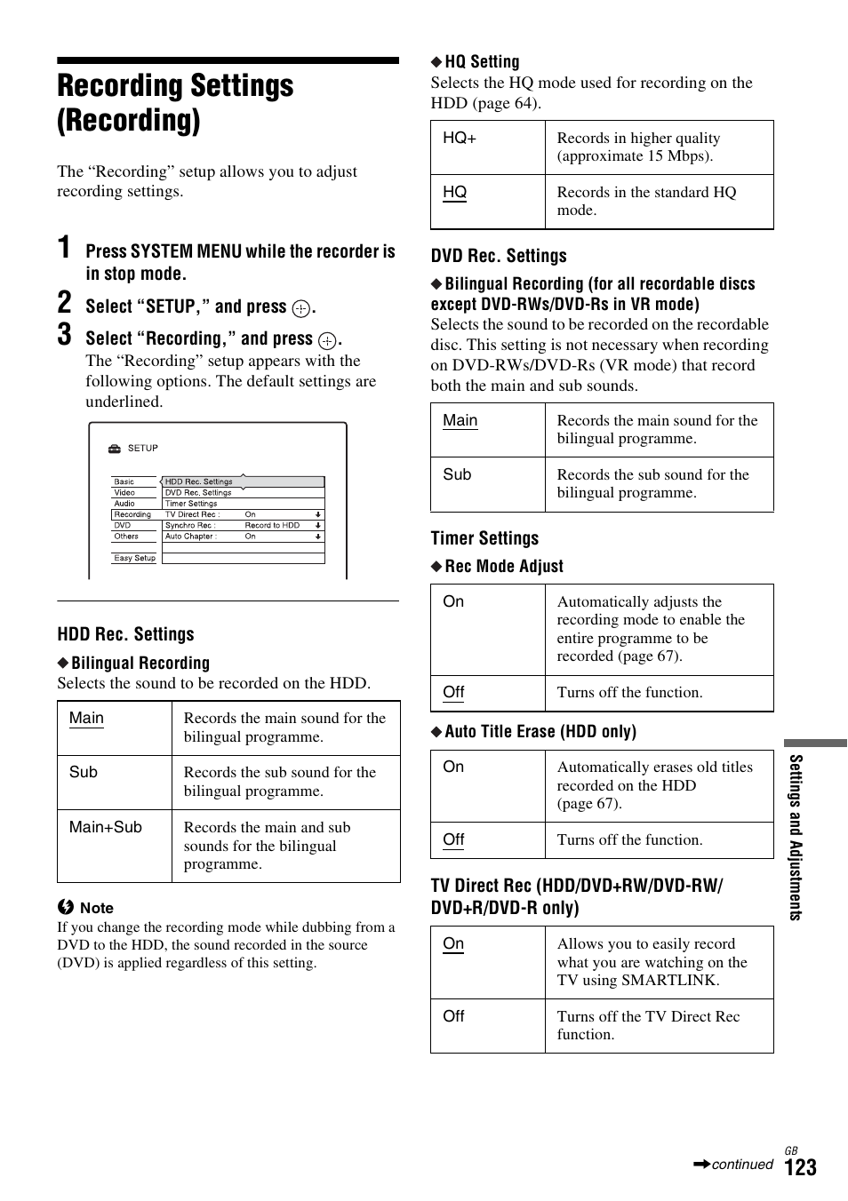 Recording settings (recording) | Sony DAR-X1R User Manual | Page 123 / 623