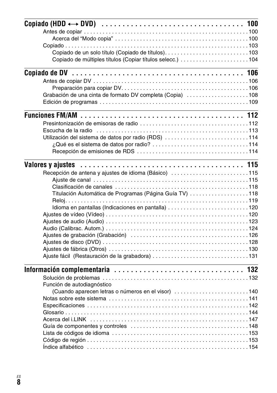 8copiado (hdd y dvd), Copiado de dv, Funciones fm/am | Valores y ajustes, Información complementaria | Sony DAR-X1R User Manual | Page 158 / 623
