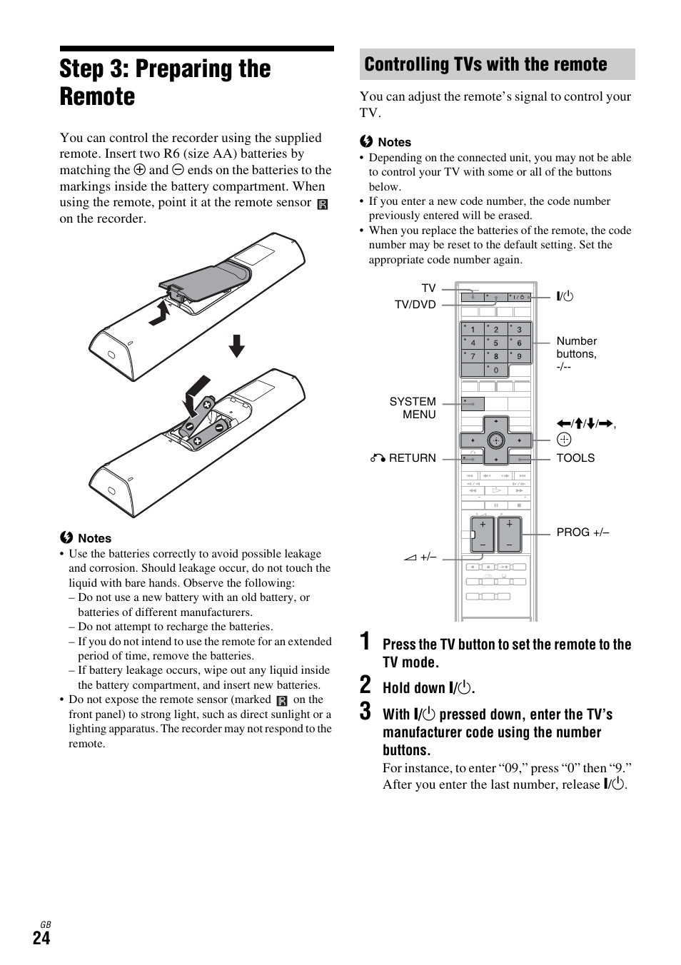 Step 3: preparing the remote, Controlling tvs with the remote | Sony DAR-X1R User Manual | Page 24 / 623