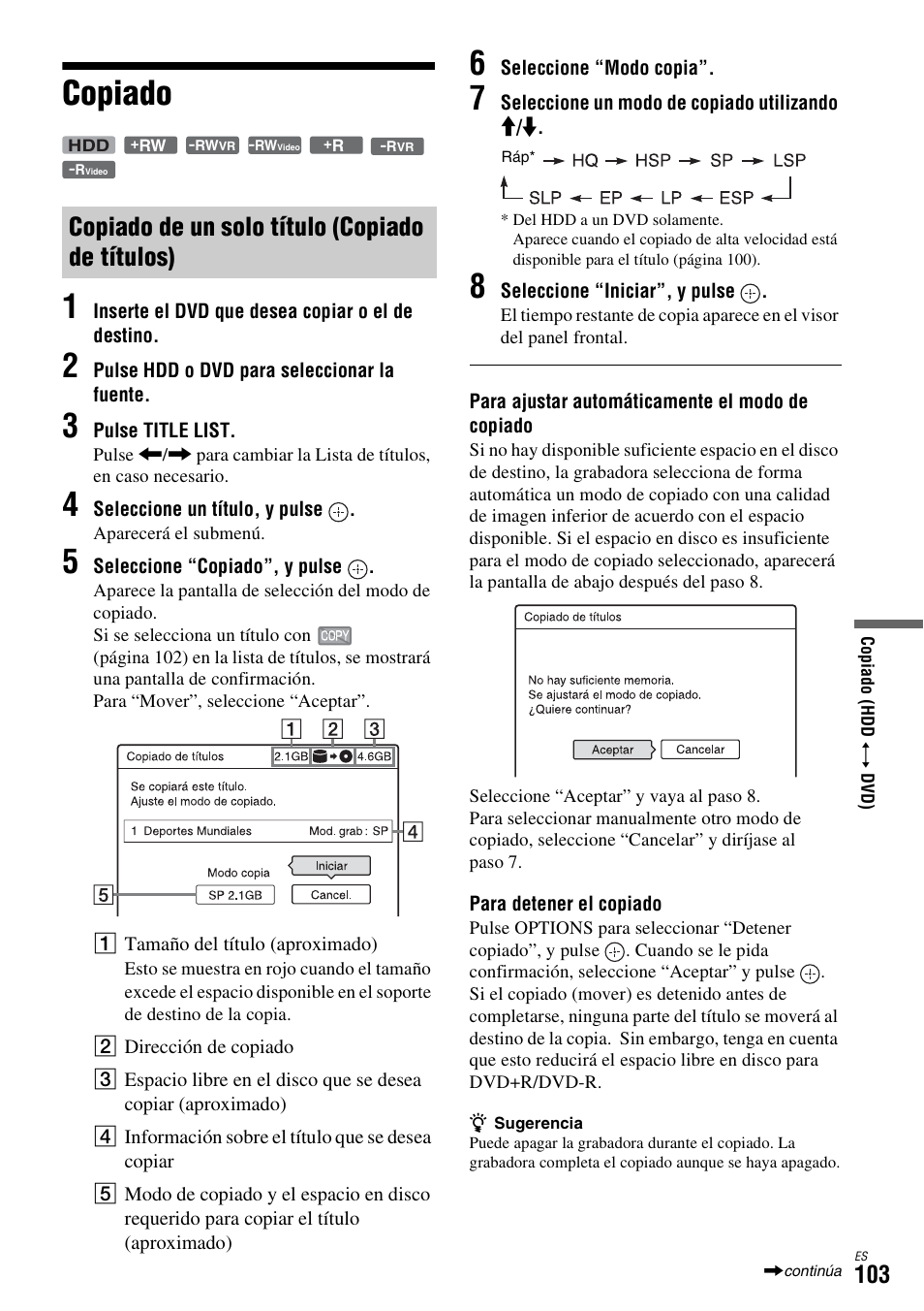 Copiado, Copiado de un solo título (copiado de títulos), Copiado 1 | Sony DAR-X1R User Manual | Page 253 / 623