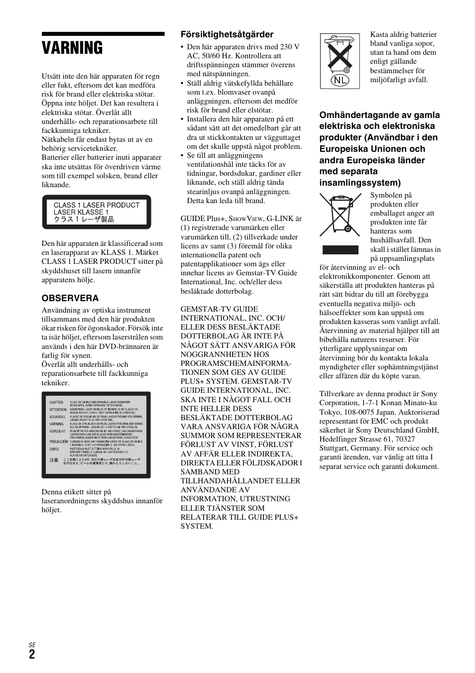 Varning | Sony DAR-X1R User Manual | Page 308 / 623