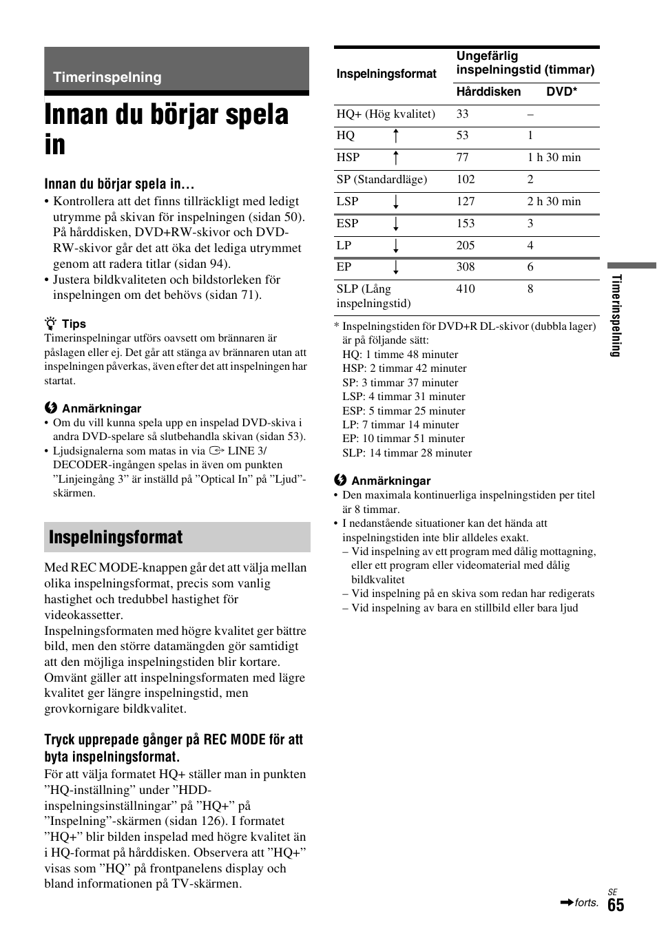 Timerinspelning, Innan du börjar spela in, Inspelningsformat | Dvd). se sidan 65, Se sidan 65, T (sidan 65) | Sony DAR-X1R User Manual | Page 371 / 623