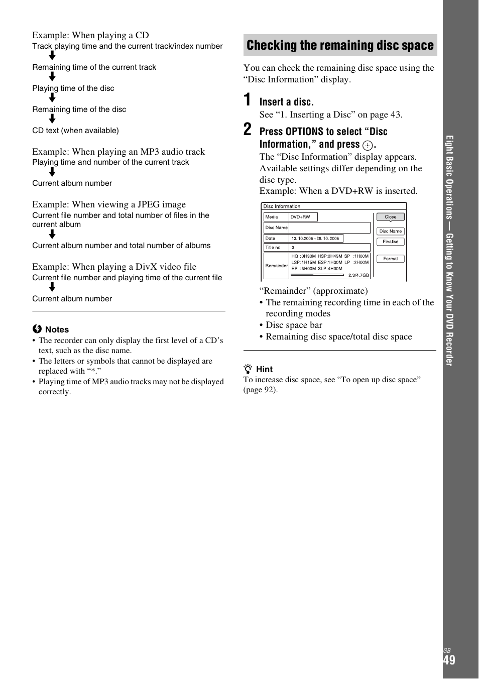 Checking the remaining disc space | Sony DAR-X1R User Manual | Page 49 / 623