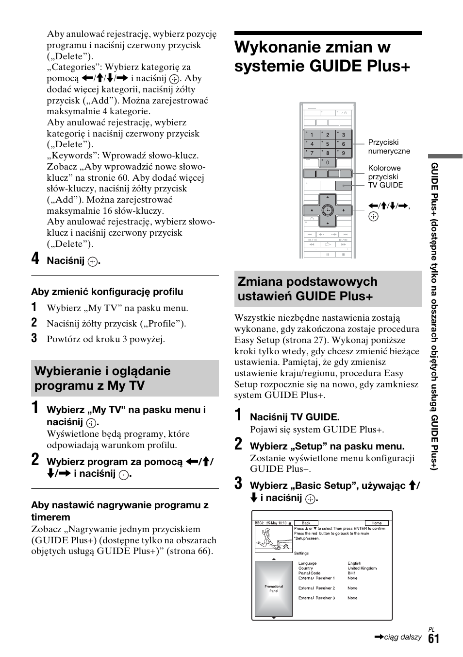 Wybieranie i oglądanie programu z my tv, Wykonanie zmian w systemie guide plus, Zmiana podstawowych ustawień guide plus | Sony DAR-X1R User Manual | Page 521 / 623