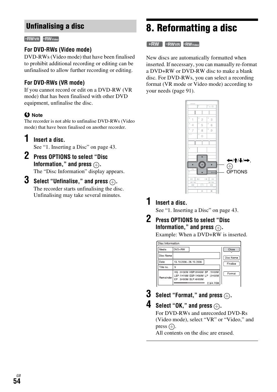 Unfinalising a disc, Reformatting a disc | Sony DAR-X1R User Manual | Page 54 / 623