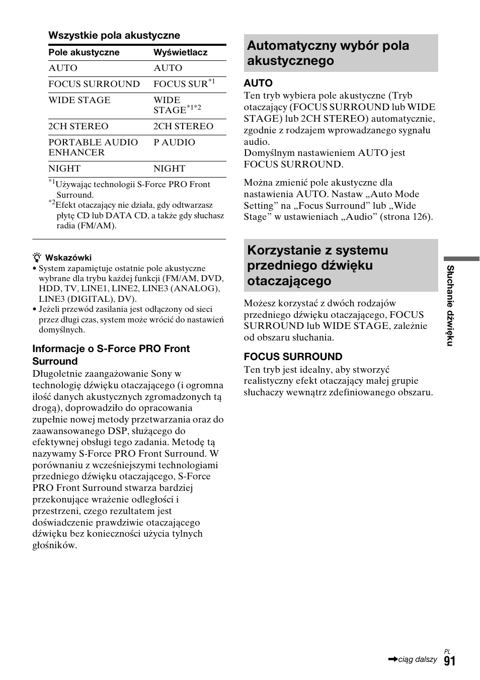 Automatyczny wybór pola akustycznego | Sony DAR-X1R User Manual | Page 551 / 623