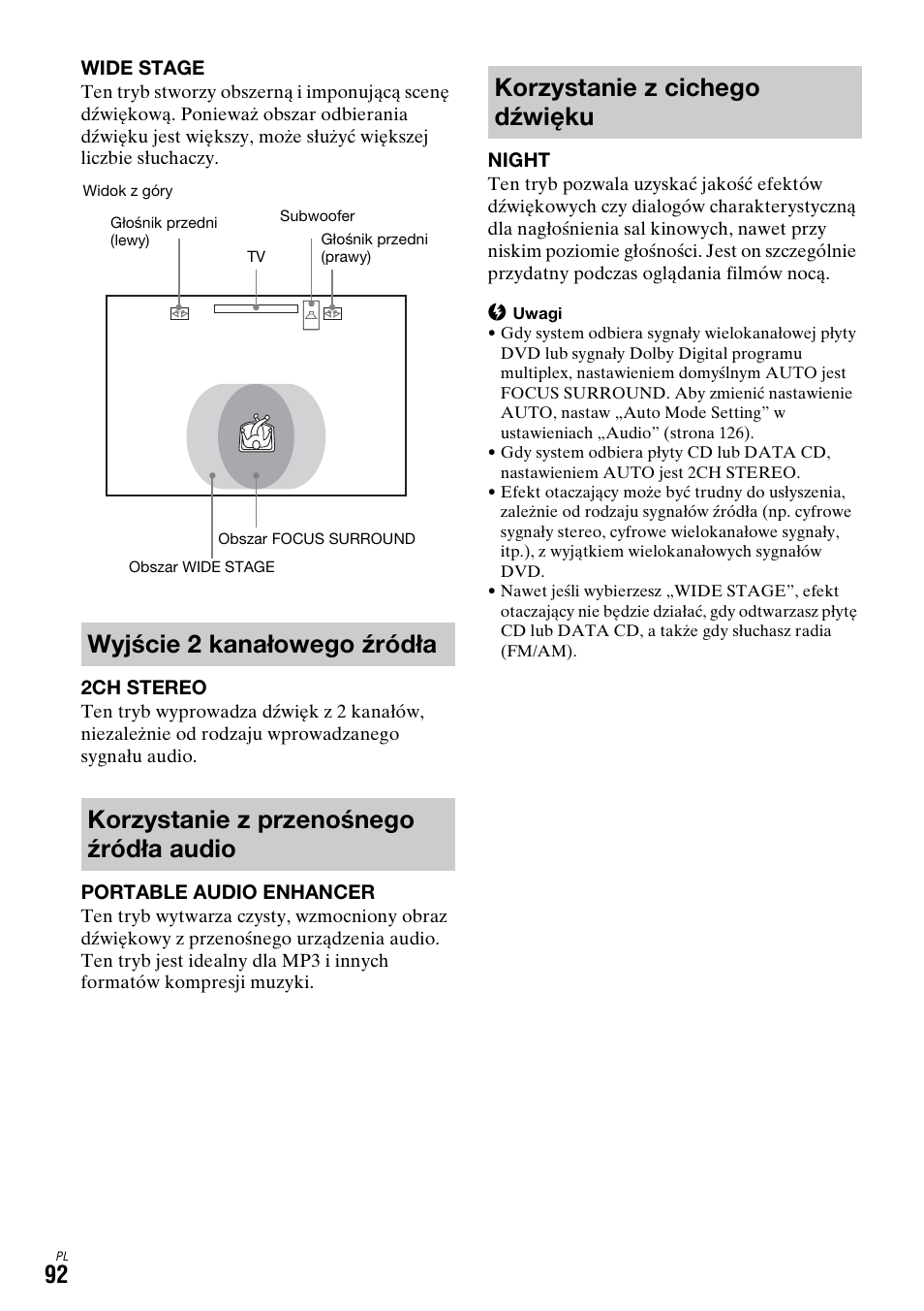 Wyjście 2 kanałowego źródła, Korzystanie z przenośnego źródła audio, Korzystanie z cichego dźwięku | Sony DAR-X1R User Manual | Page 552 / 623