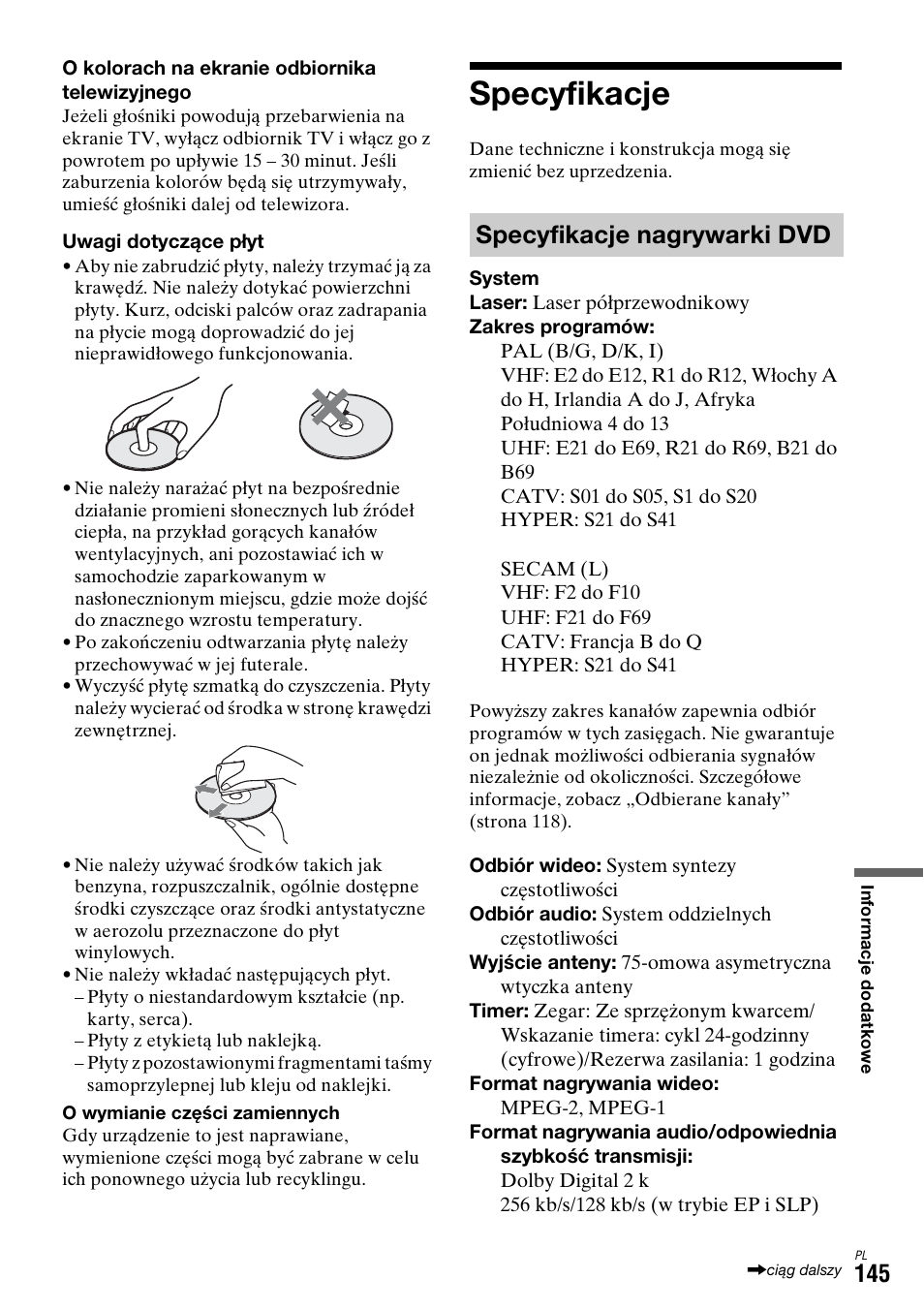 Specyfikacje, Specyfikacje nagrywarki dvd | Sony DAR-X1R User Manual | Page 605 / 623