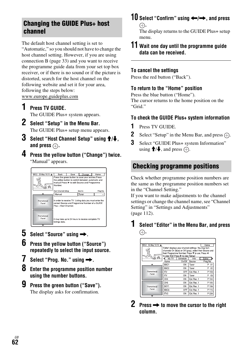 Changing the guide plus+ host channel, Checking programme positions, Changing the guide | Sony DAR-X1R User Manual | Page 62 / 623