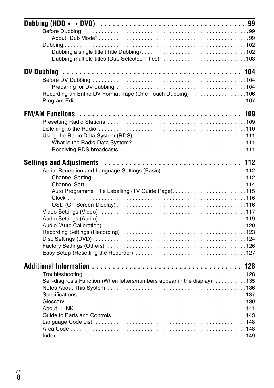 8dubbing (hdd y dvd), Dv dubbing, Fm/am functions | Settings and adjustments, Additional information | Sony DAR-X1R User Manual | Page 8 / 623