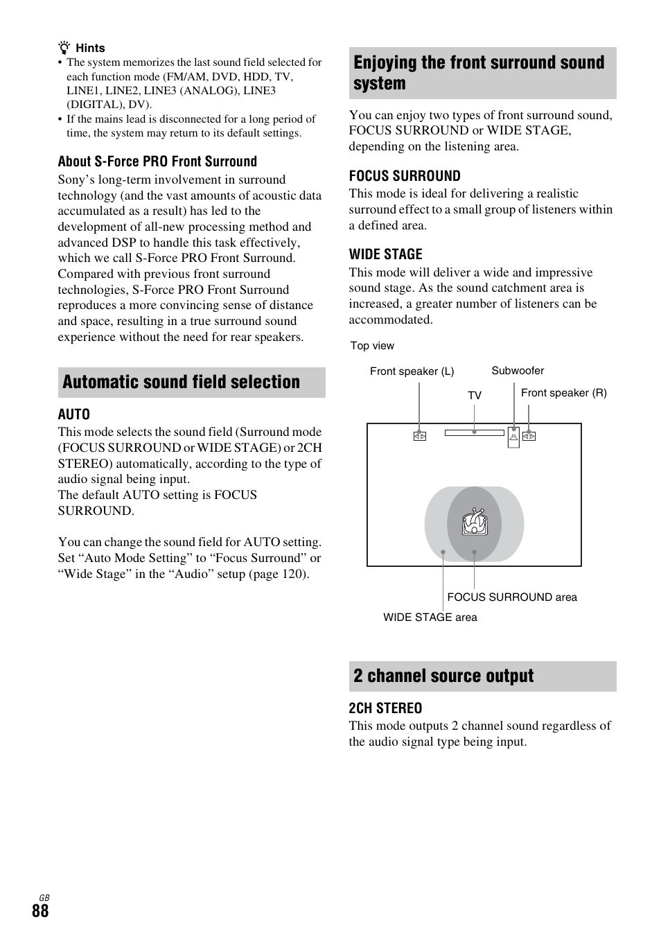 Automatic sound field selection, Enjoying the front surround sound system, 2 channel source output | Sony DAR-X1R User Manual | Page 88 / 623