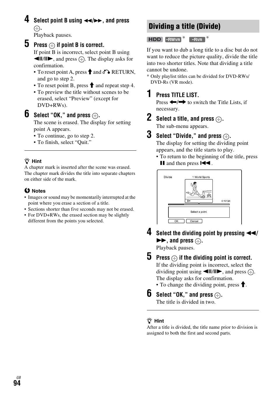 Dividing a title (divide) | Sony DAR-X1R User Manual | Page 94 / 623
