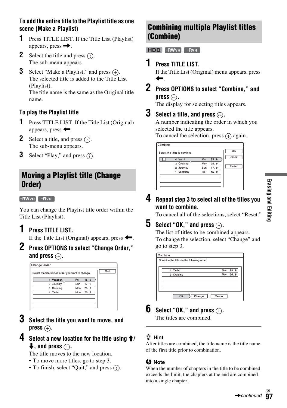 Moving a playlist title (change order), Combining multiple playlist titles (combine) | Sony DAR-X1R User Manual | Page 97 / 623
