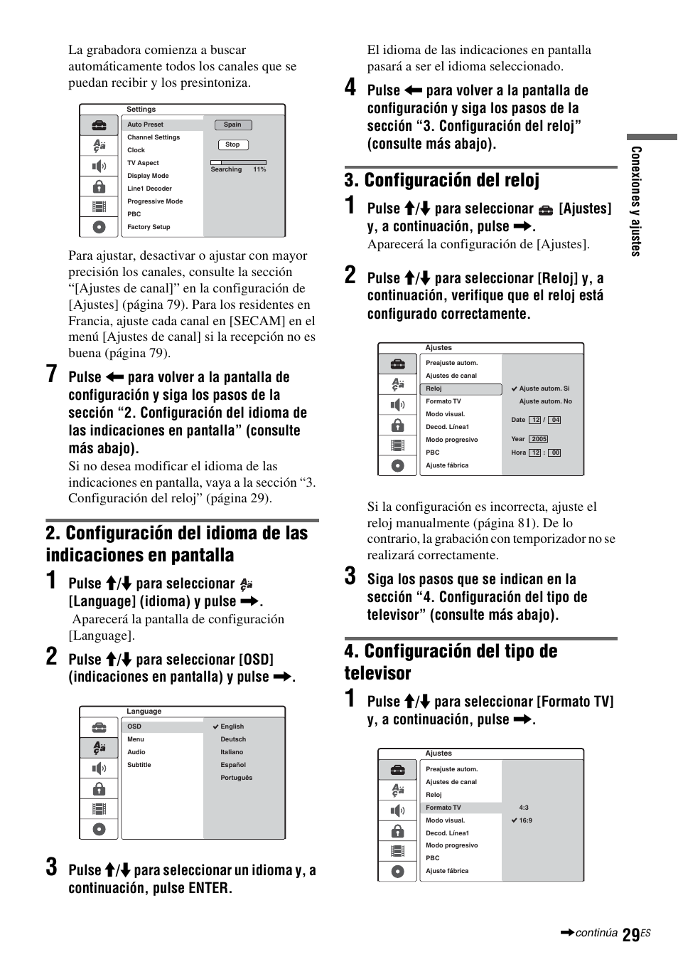 Configuración del reloj, Configuración del tipo de televisor | Sony DAR-RD100 User Manual | Page 149 / 508