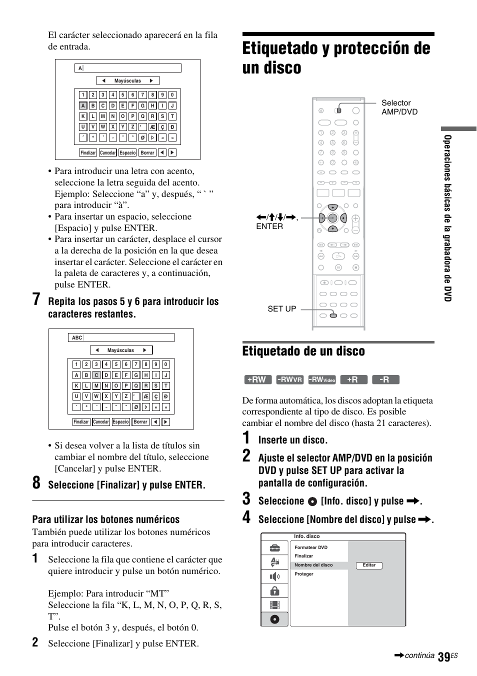 Etiquetado y protección de un disco, Etiquetado de un disco, Inserte un disco | Seleccione [info. disco] y pulse, Seleccione [nombre del disco] y pulse, Seleccione [finalizar] y pulse enter | Sony DAR-RD100 User Manual | Page 159 / 508