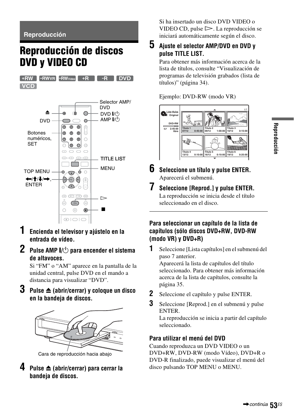 Reproducción, Reproducción de discos dvd y video cd, Reproducción de discos dvd y video cd 1 | Seleccione un título y pulse enter, Seleccione [reprod.] y pulse enter, Para utilizar el menú del dvd | Sony DAR-RD100 User Manual | Page 173 / 508