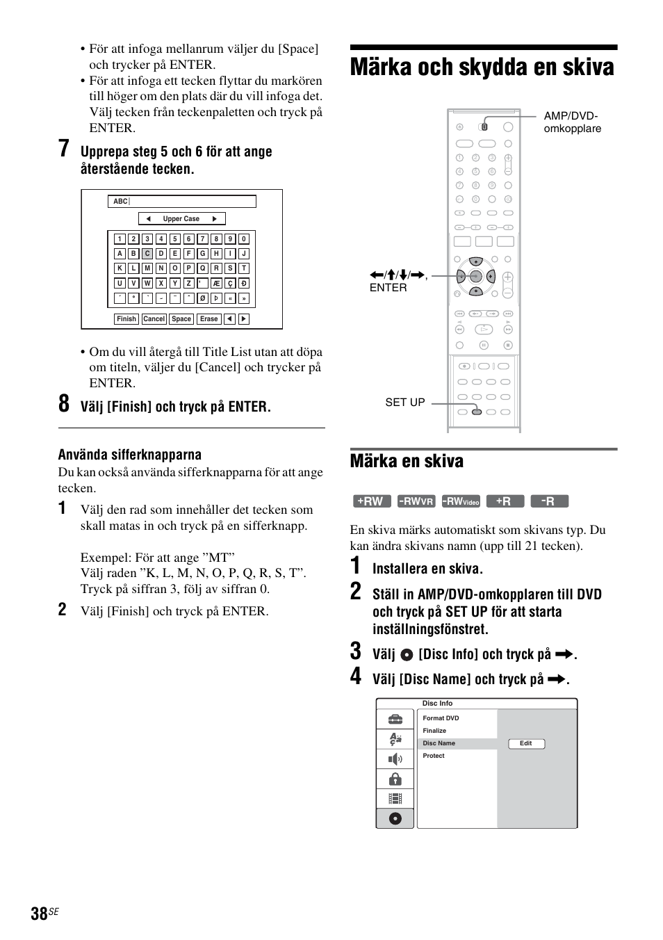 Märka och skydda en skiva, Märka en skiva, Installera en skiva | Välj [disc info] och tryck på, Välj [disc name] och tryck på, Välj [finish] och tryck på enter | Sony DAR-RD100 User Manual | Page 288 / 508