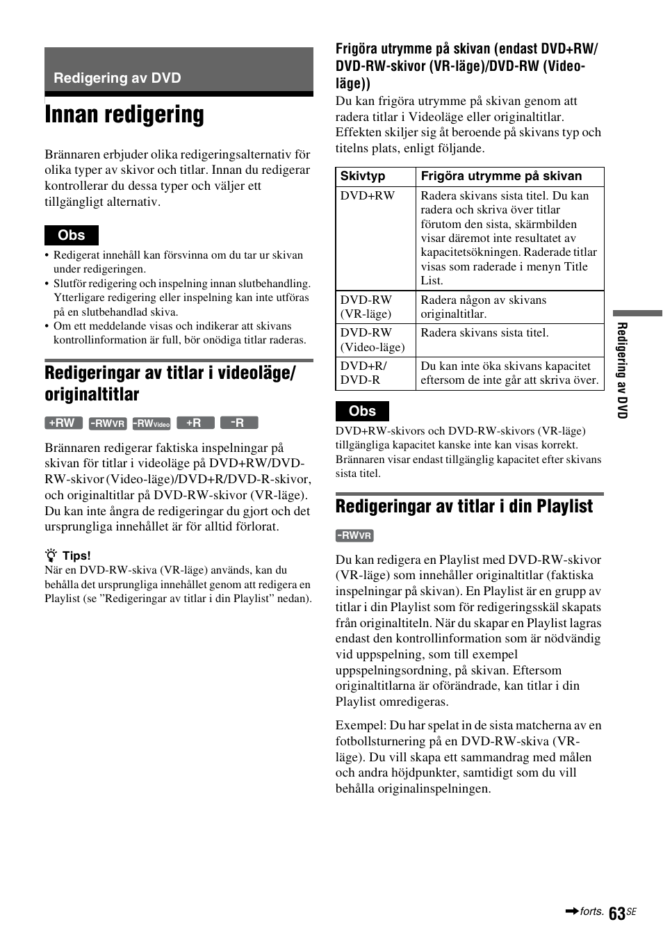 Redigering av dvd, Innan redigering, Sid. 63) | Redigeringar av titlar i videoläge/ originaltitlar, Redigeringar av titlar i din playlist | Sony DAR-RD100 User Manual | Page 313 / 508