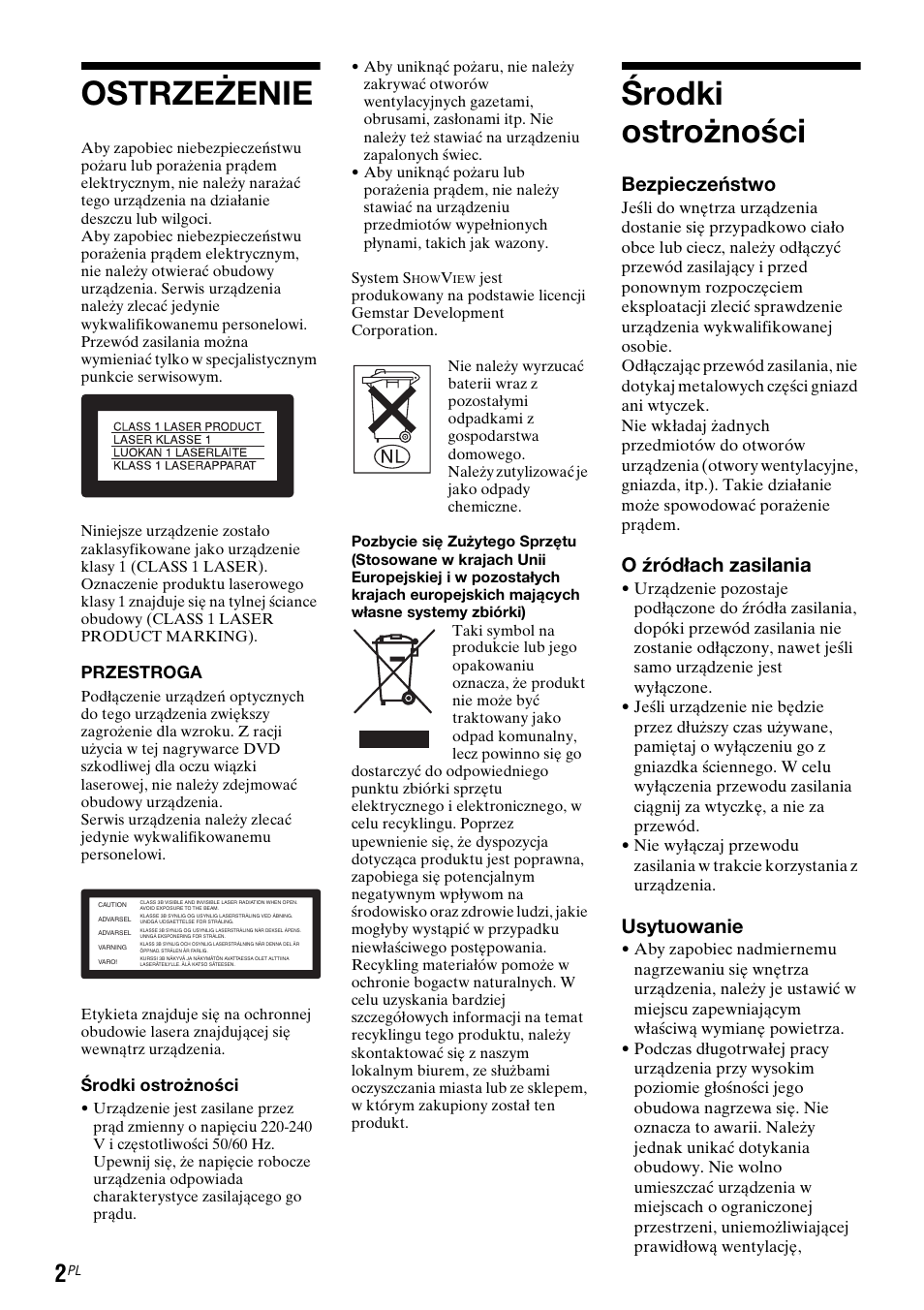 Ostrzeżenie, Środki ostrożności, Bezpieczeństwo | O źródłach zasilania, Usytuowanie, Przestroga | Sony DAR-RD100 User Manual | Page 374 / 508