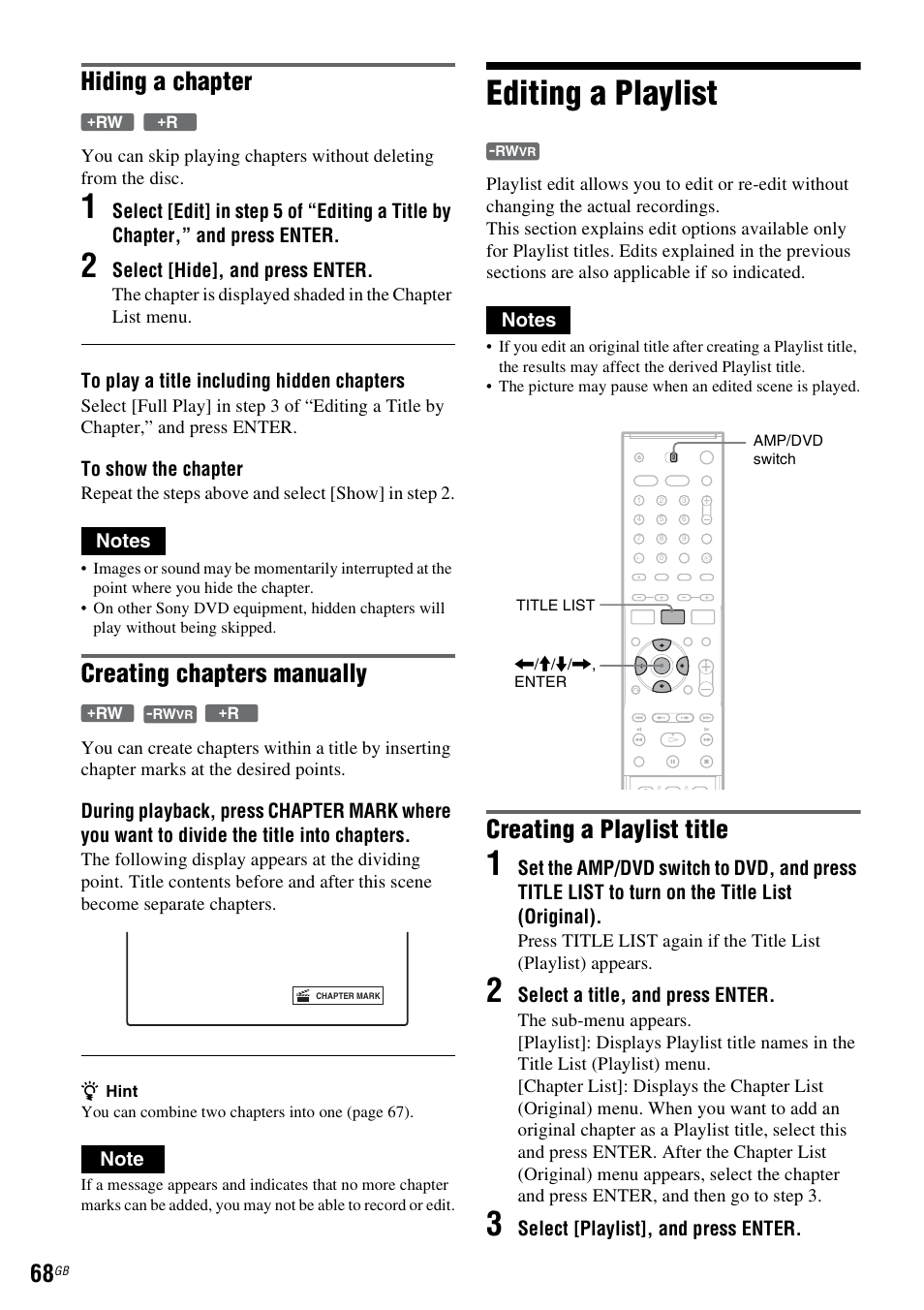 Editing a playlist, Hiding a chapter, Creating chapters manually | Creating a playlist title | Sony DAR-RD100 User Manual | Page 68 / 508