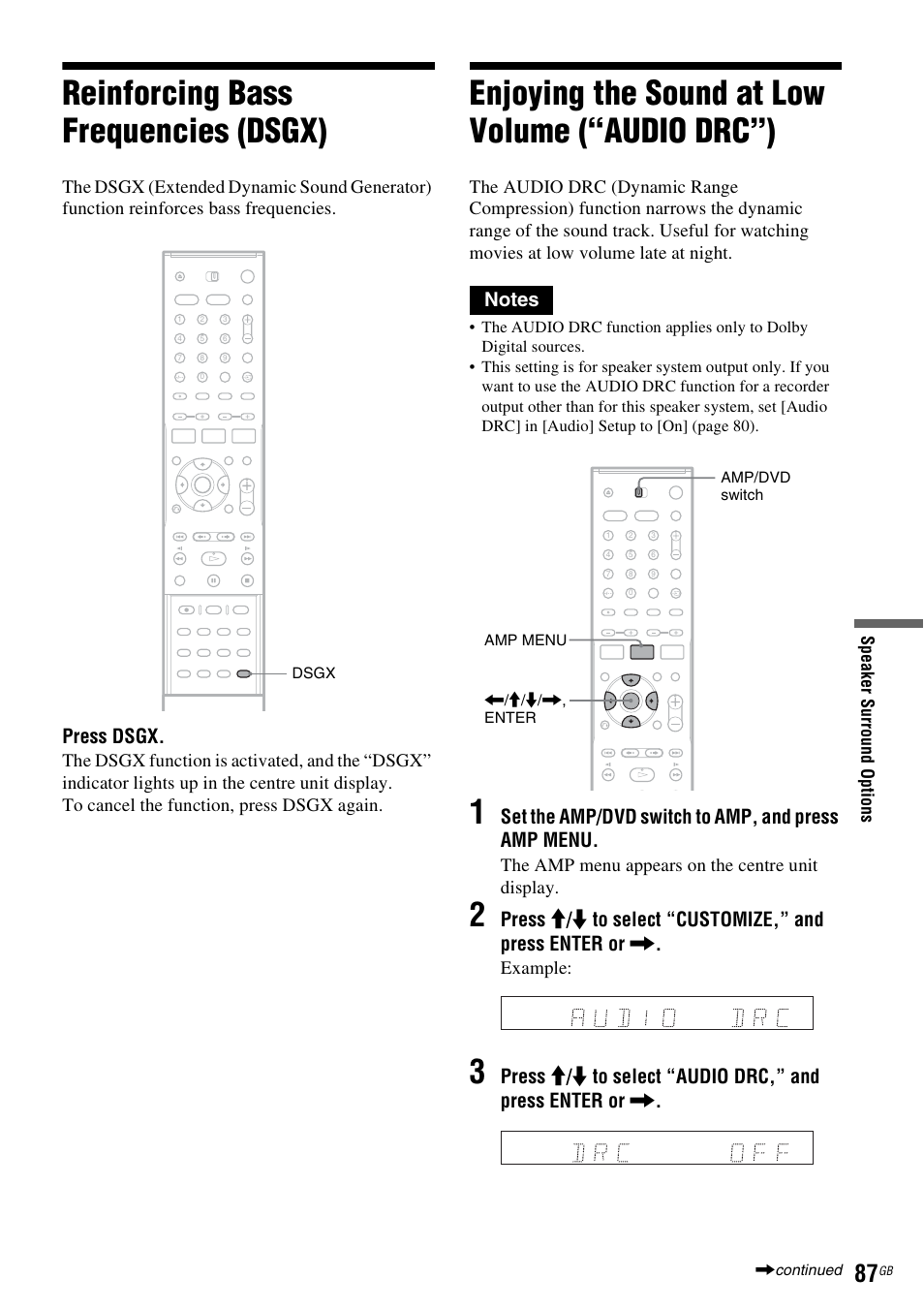 Reinforcing bass frequencies (dsgx), Enjoying the sound at low volume (“audio drc”), Press dsgx | Set the amp/dvd switch to amp, and press amp menu | Sony DAR-RD100 User Manual | Page 87 / 508