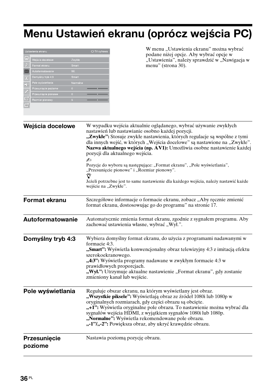 Menu ustawień ekranu (oprócz wejścia pc) | Sony KDL-46X3500 User Manual | Page 84 / 164