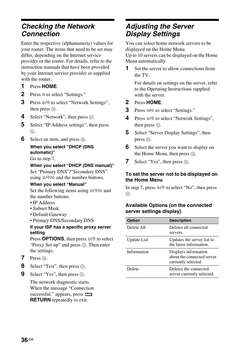 Checking the network connection, Adjusting the server display settings | Sony KDL-40Z4500 User Manual | Page 36 / 195