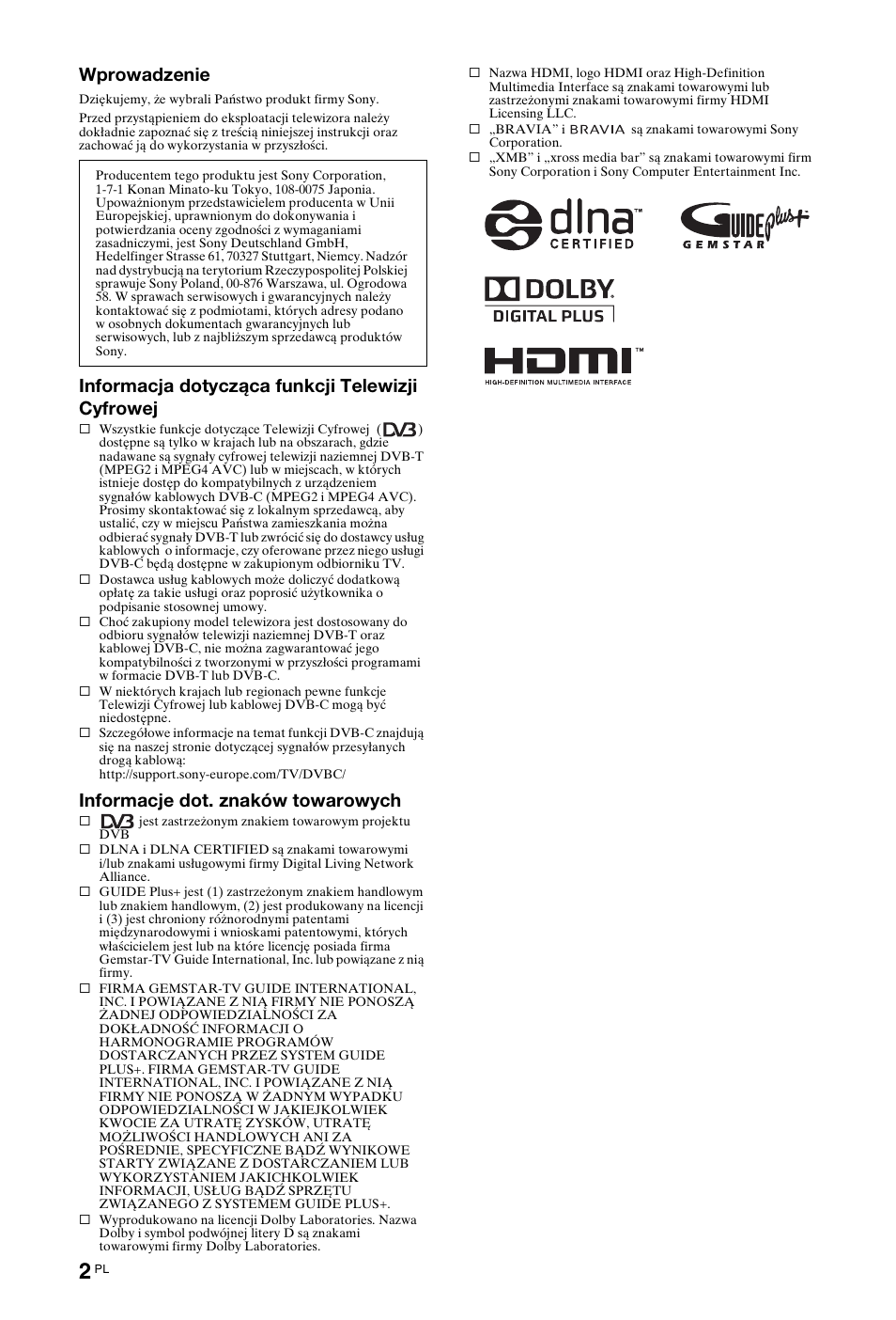 Wprowadzenie, Informacja dotycząca funkcji telewizji cyfrowej, Informacje dot. znaków towarowych | Sony KDL-40Z4500 User Manual | Page 60 / 195
