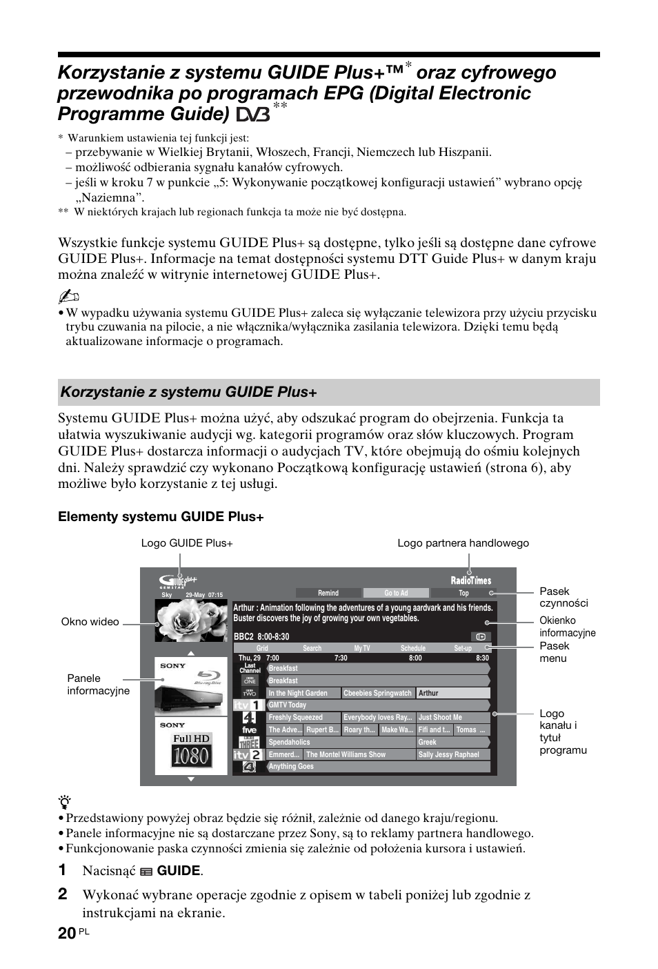 Digital electronic programme guide), Strony 20, Korzystanie z systemu guide plus | Nacisnąć guide | Sony KDL-40Z4500 User Manual | Page 78 / 195