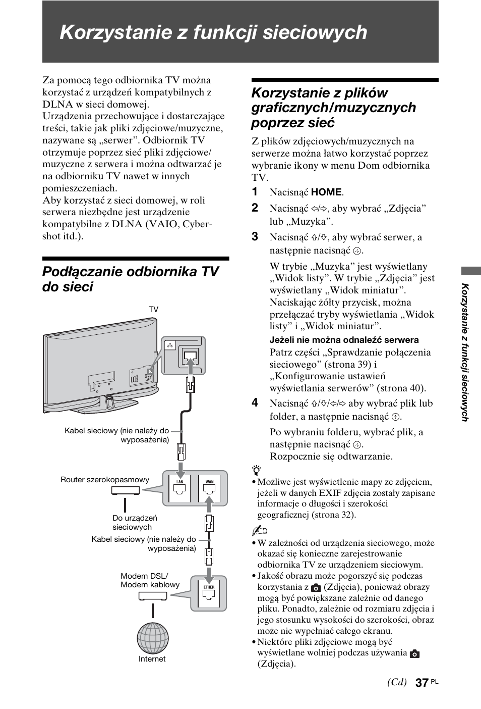 Korzystanie z funkcji sieciowych, Podłączanie odbiornika tv do sieci | Sony KDL-40Z4500 User Manual | Page 95 / 195