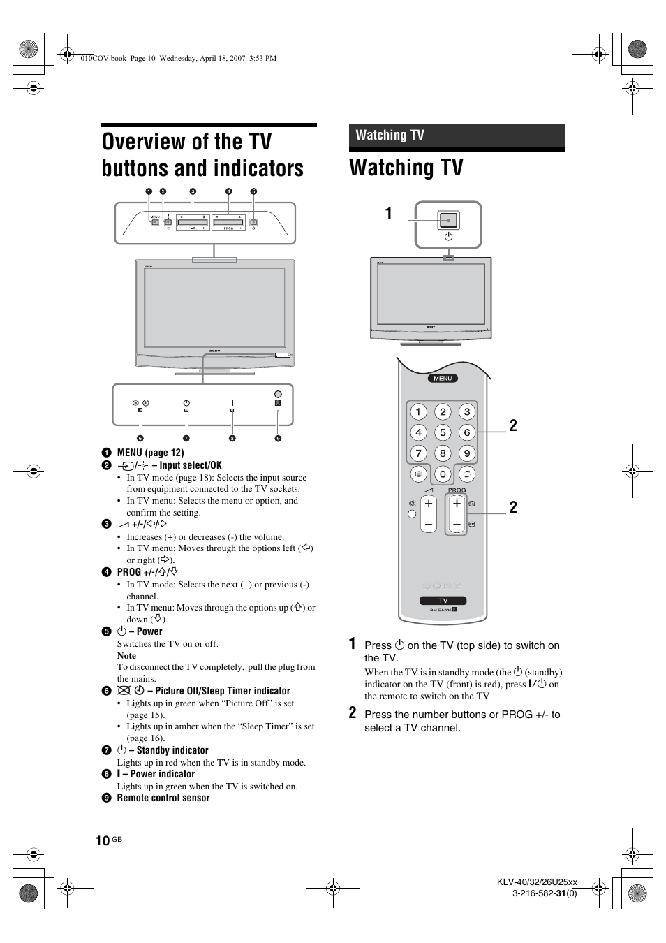 Overview of the tv buttons and indicators, Watching tv | Sony KLV-26U2520 User Manual | Page 10 / 70