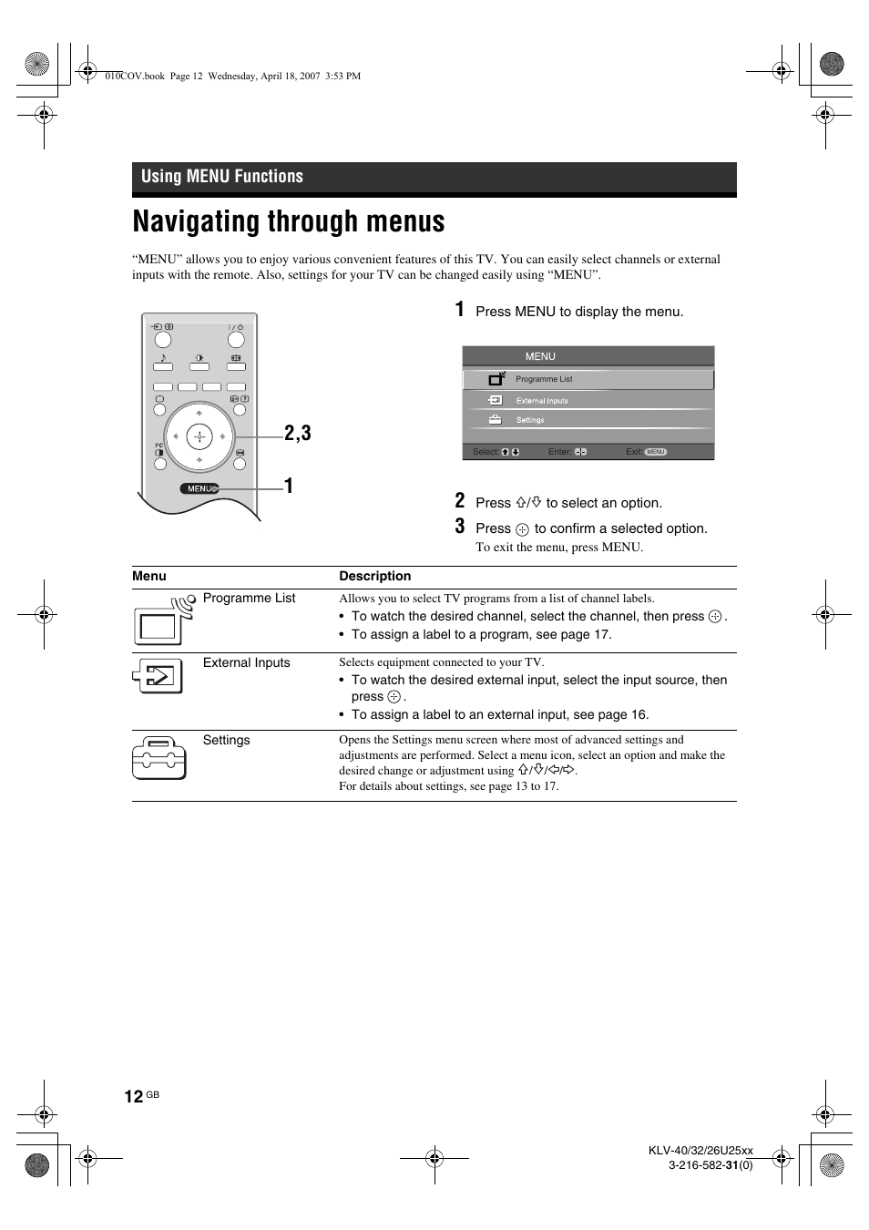 Navigating through menus, Using menu functions | Sony KLV-26U2520 User Manual | Page 12 / 70