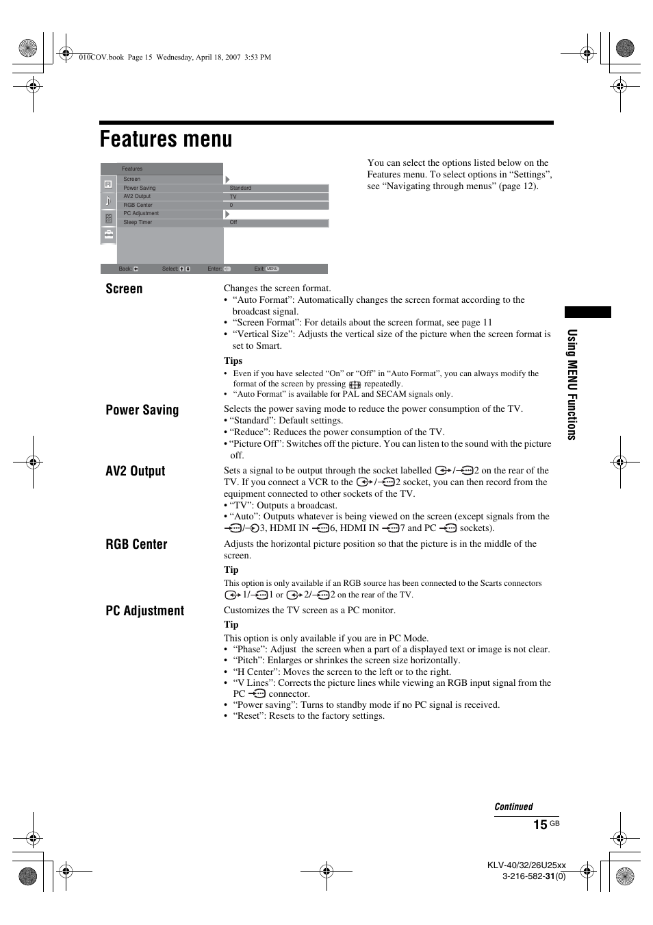 Features menu, Screen, Power saving | Av2 output, Rgb center, Pc adjustment, Using menu functions | Sony KLV-26U2520 User Manual | Page 15 / 70