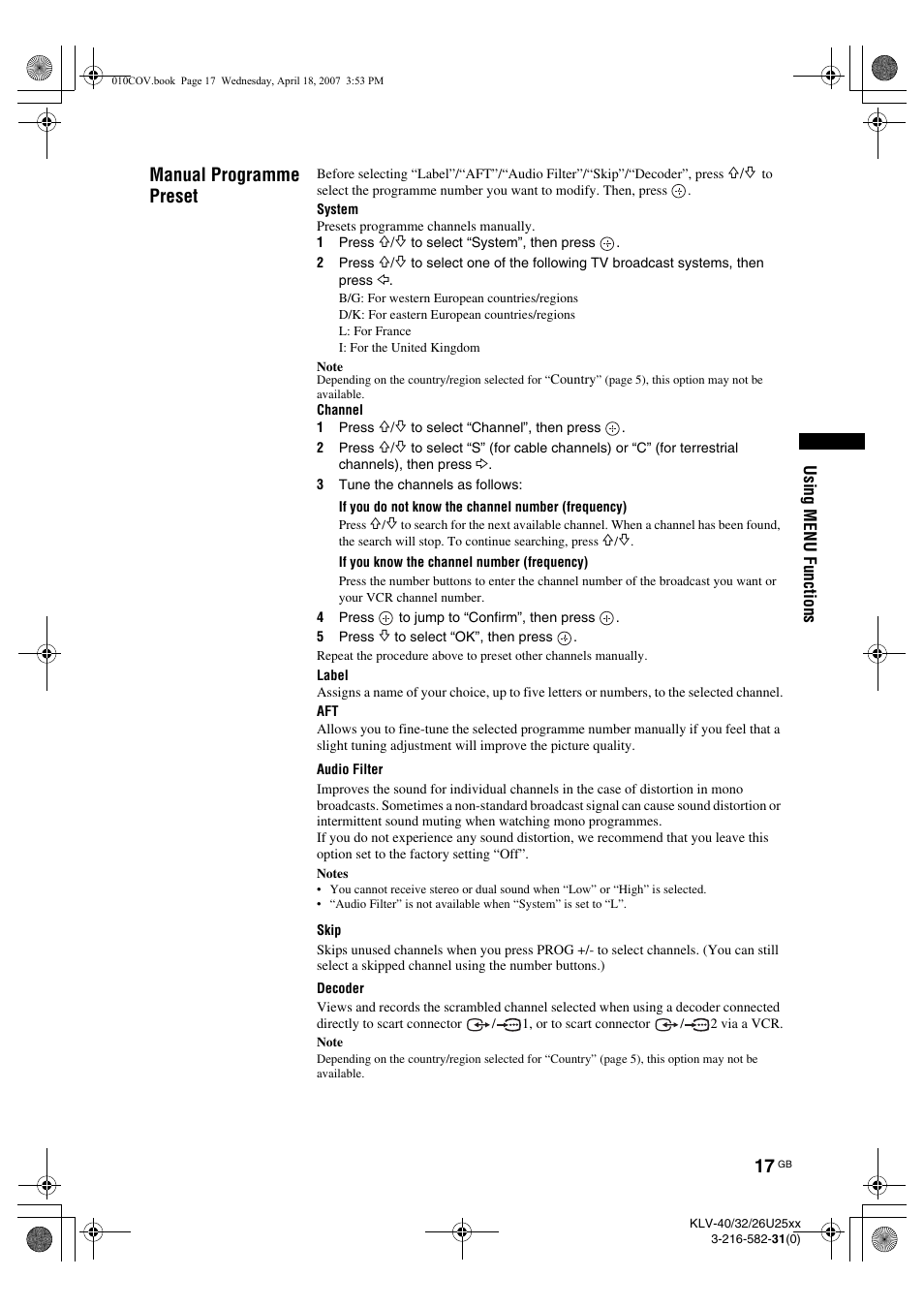 Manual programme preset | Sony KLV-26U2520 User Manual | Page 17 / 70