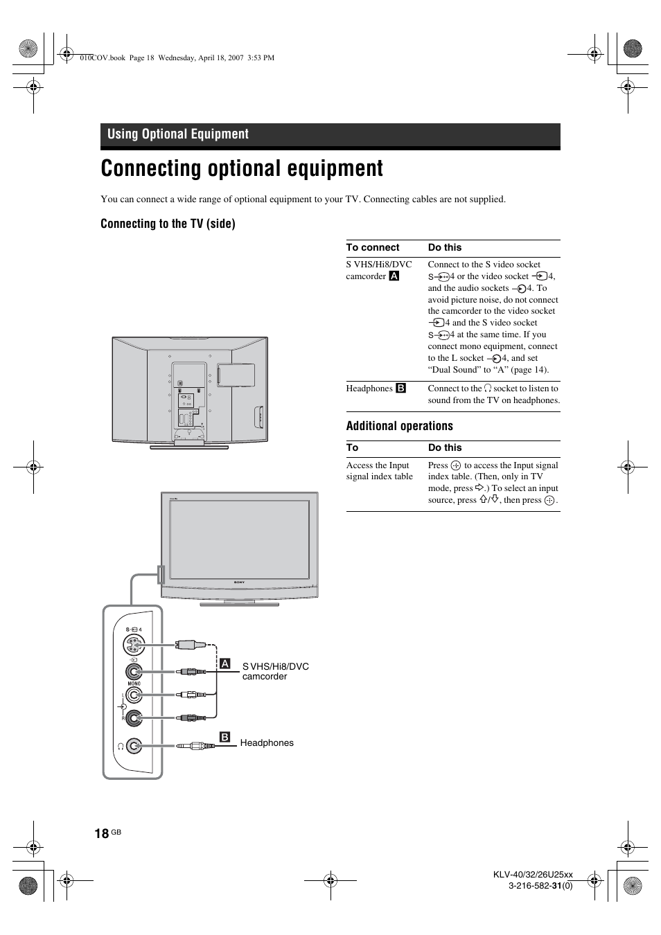 Connecting optional equipment, Using optional equipment | Sony KLV-26U2520 User Manual | Page 18 / 70