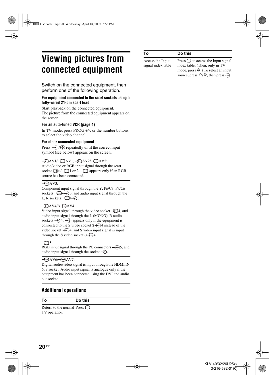 Viewing pictures from connected equipment, Additional operations | Sony KLV-26U2520 User Manual | Page 20 / 70