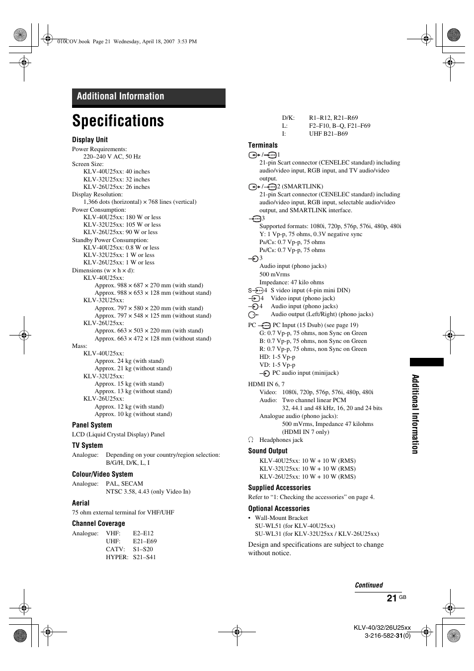 Specifications, Additional information | Sony KLV-26U2520 User Manual | Page 21 / 70