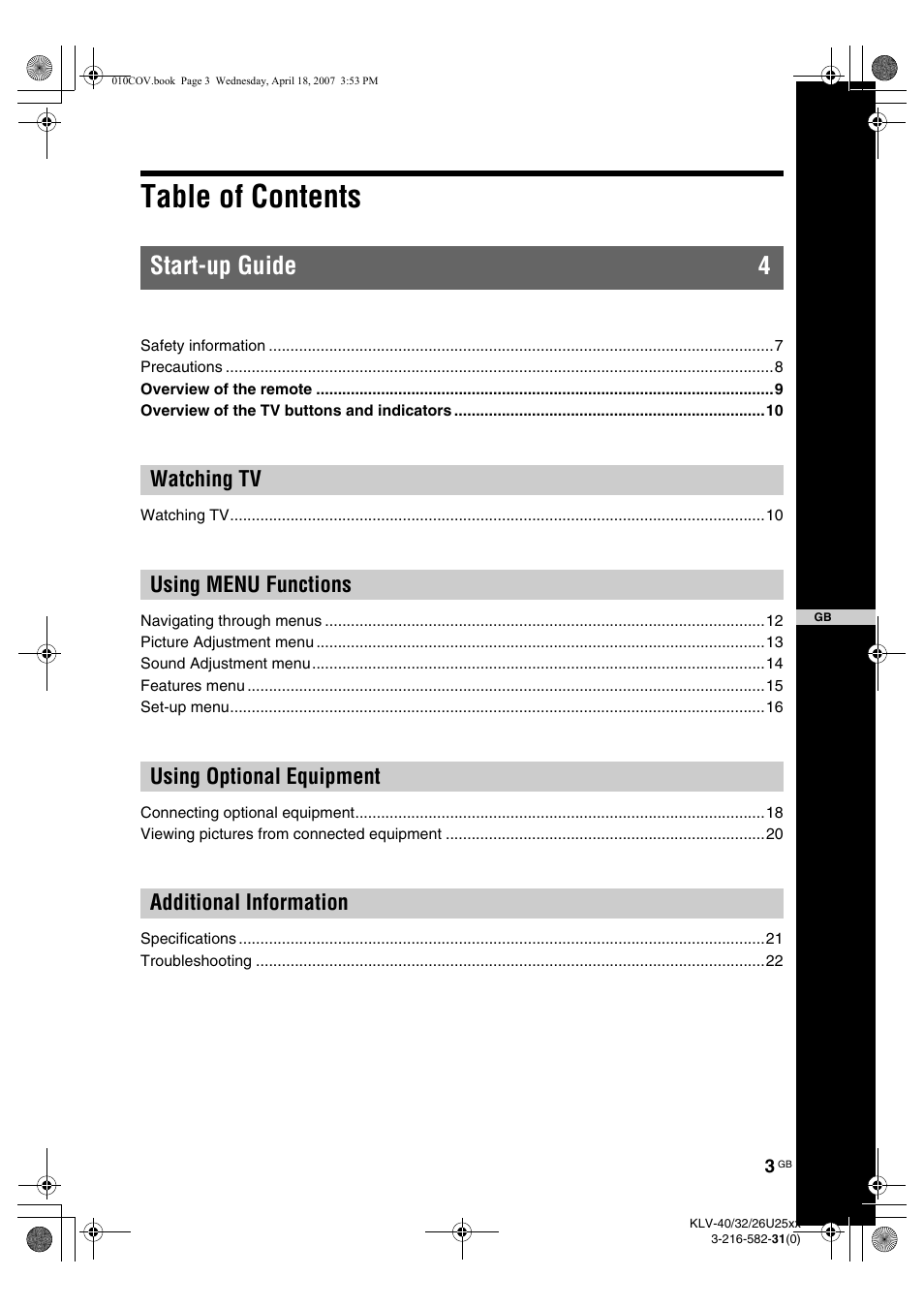 Sony KLV-26U2520 User Manual | Page 3 / 70