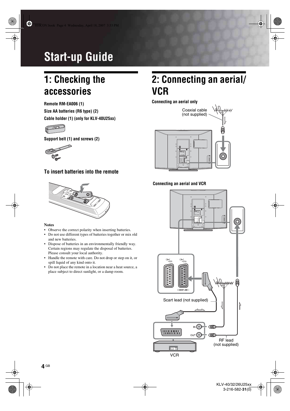 Start-up guide, Checking the accessories, Connecting an aerial/ vcr | Sony KLV-26U2520 User Manual | Page 4 / 70