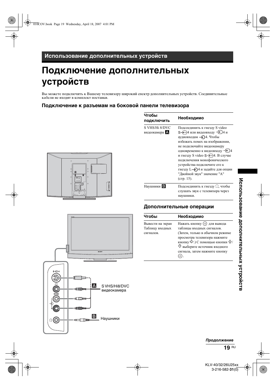 Подключение дополнительных устройств, Использование дополнительных устройств, Дополнительные операции | Sony KLV-26U2520 User Manual | Page 41 / 70