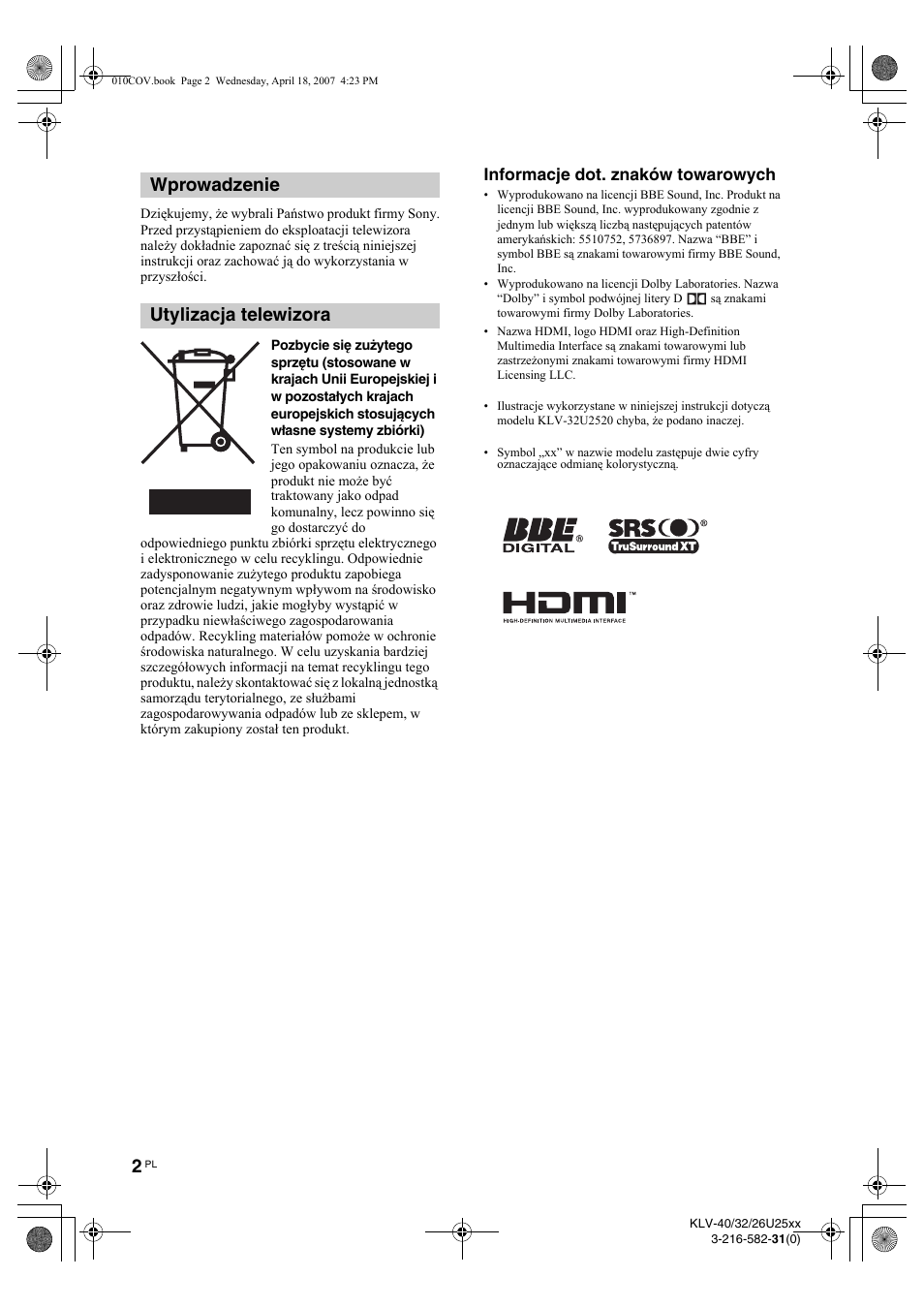 Wprowadzenie utylizacja telewizora, Informacje dot. znaków towarowych | Sony KLV-26U2520 User Manual | Page 48 / 70